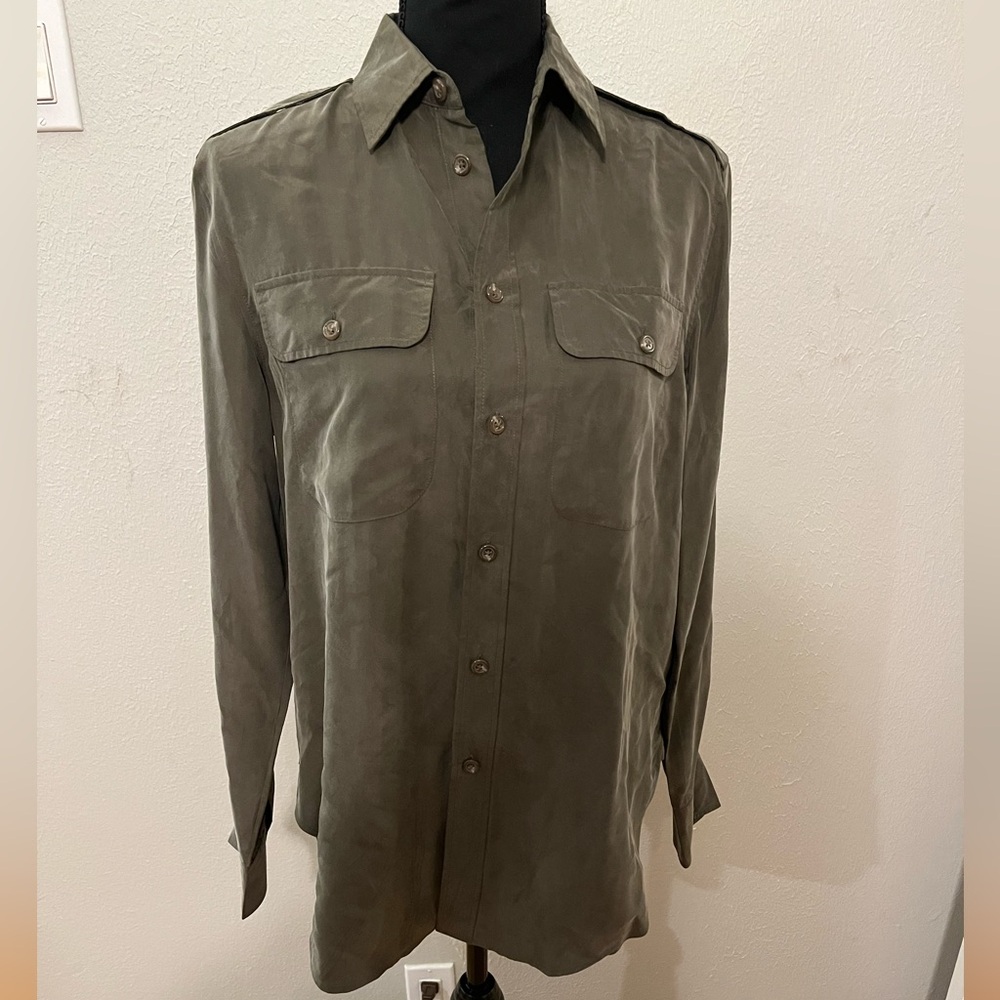 Polo Ralph Lauren Silk Utility/Safari Button Down Blouse In Olive Green Size S